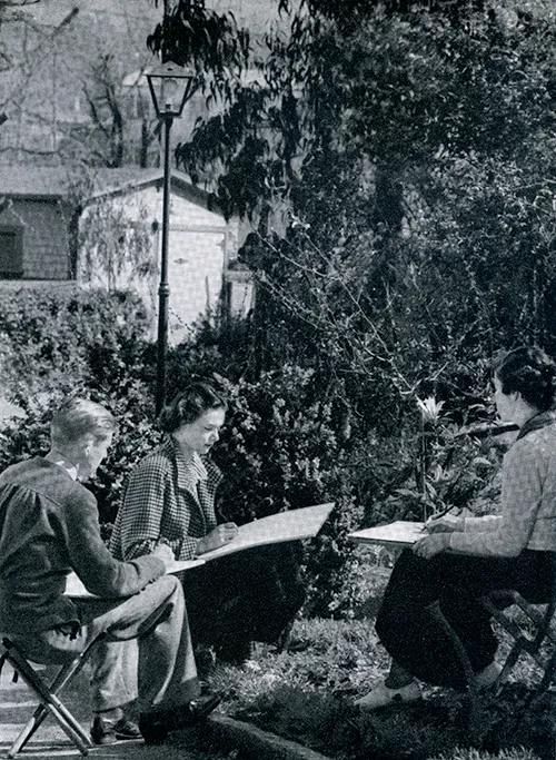 students sketching, 1940s