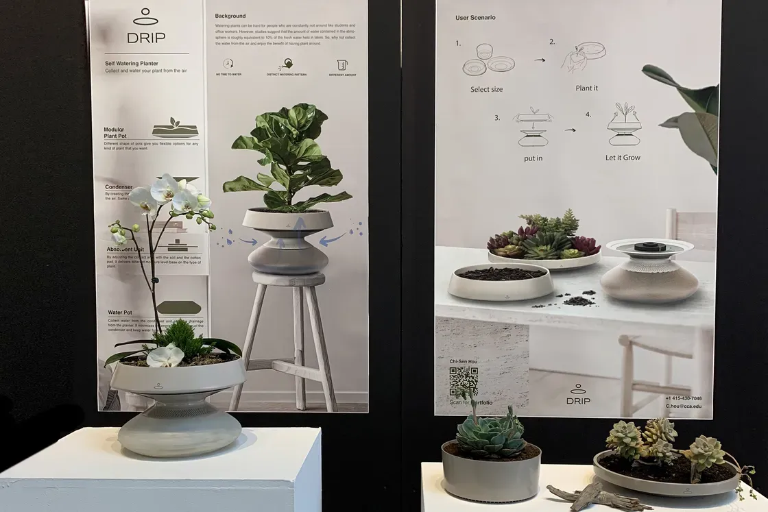 Industrial design senior show exhibit featuring self-watering plant pots